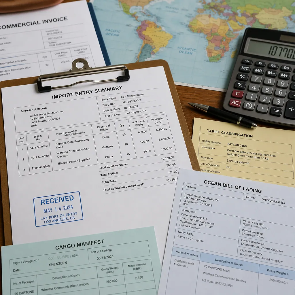 Import documentation and logistics paperwork on a desk