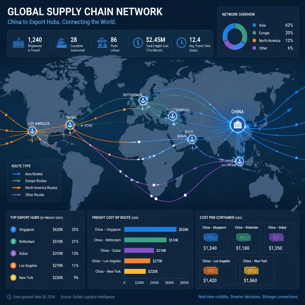 Global supply chain and shipping routes visualization with port and distribution network
