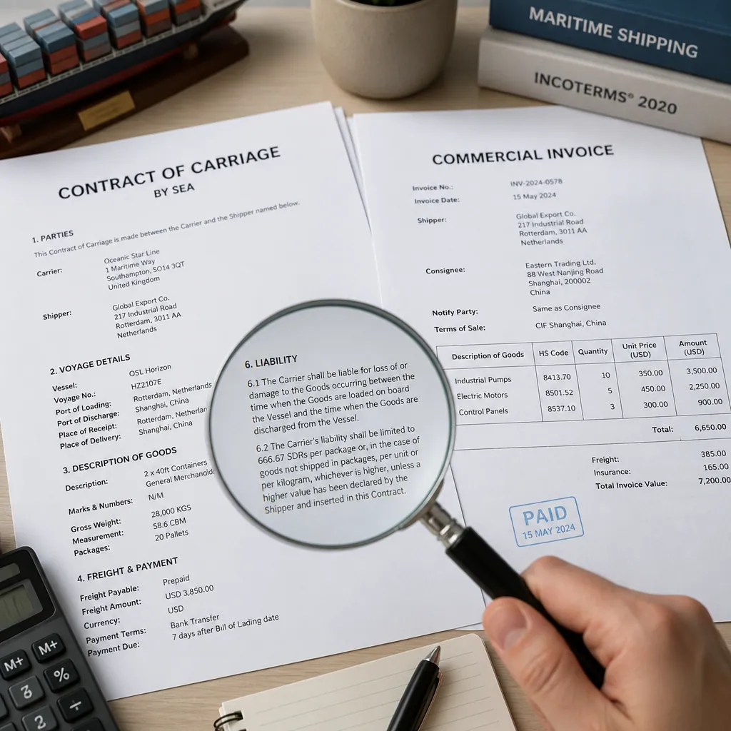 Contracts and fine print documents with magnifying glass examining shipping terms