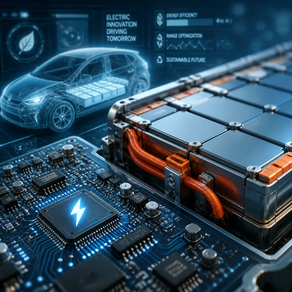 Close up of electric vehicle battery and circuitry.