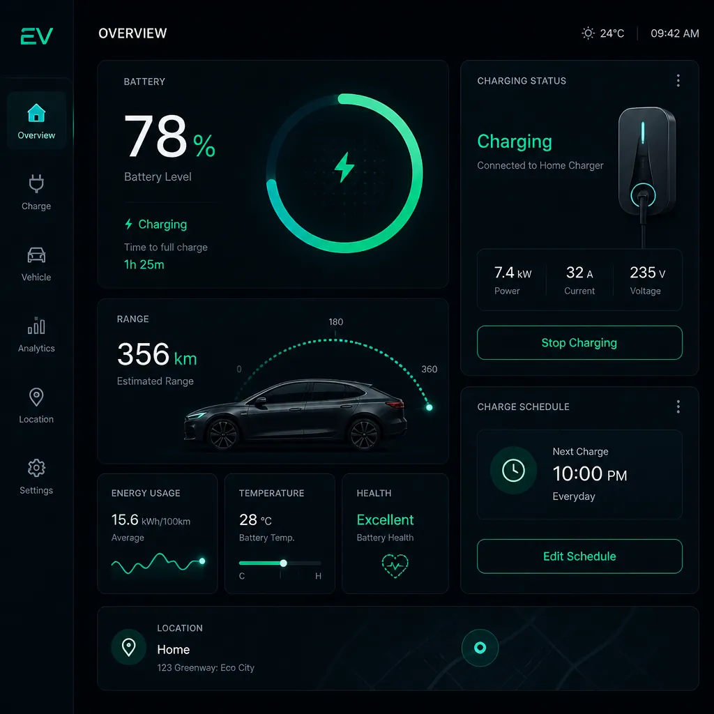 Digital dashboard interface displaying EV battery and range metrics