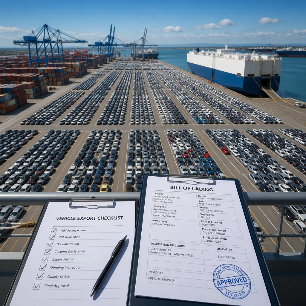 Shipping port logistics yard with rows of vehicles prepared for international export