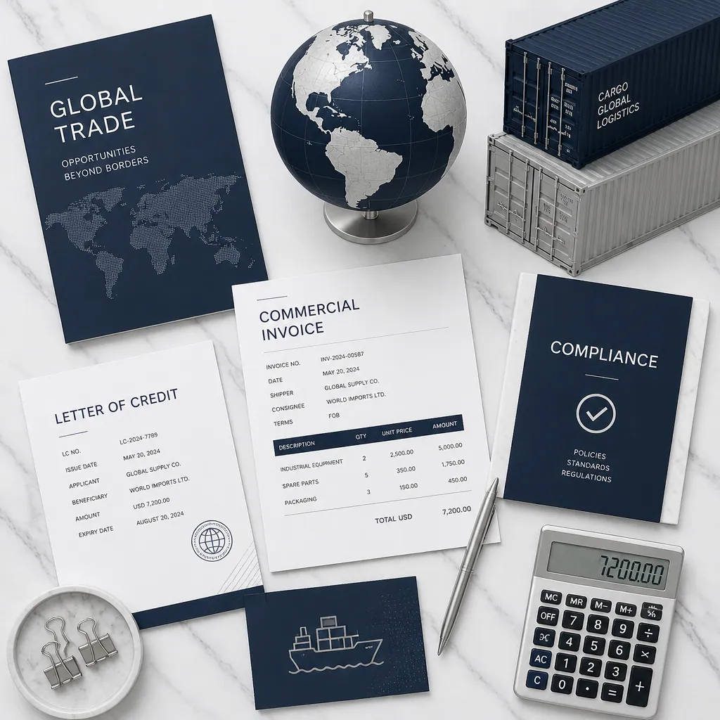Import/export business planning materials and global trade logistics symbols