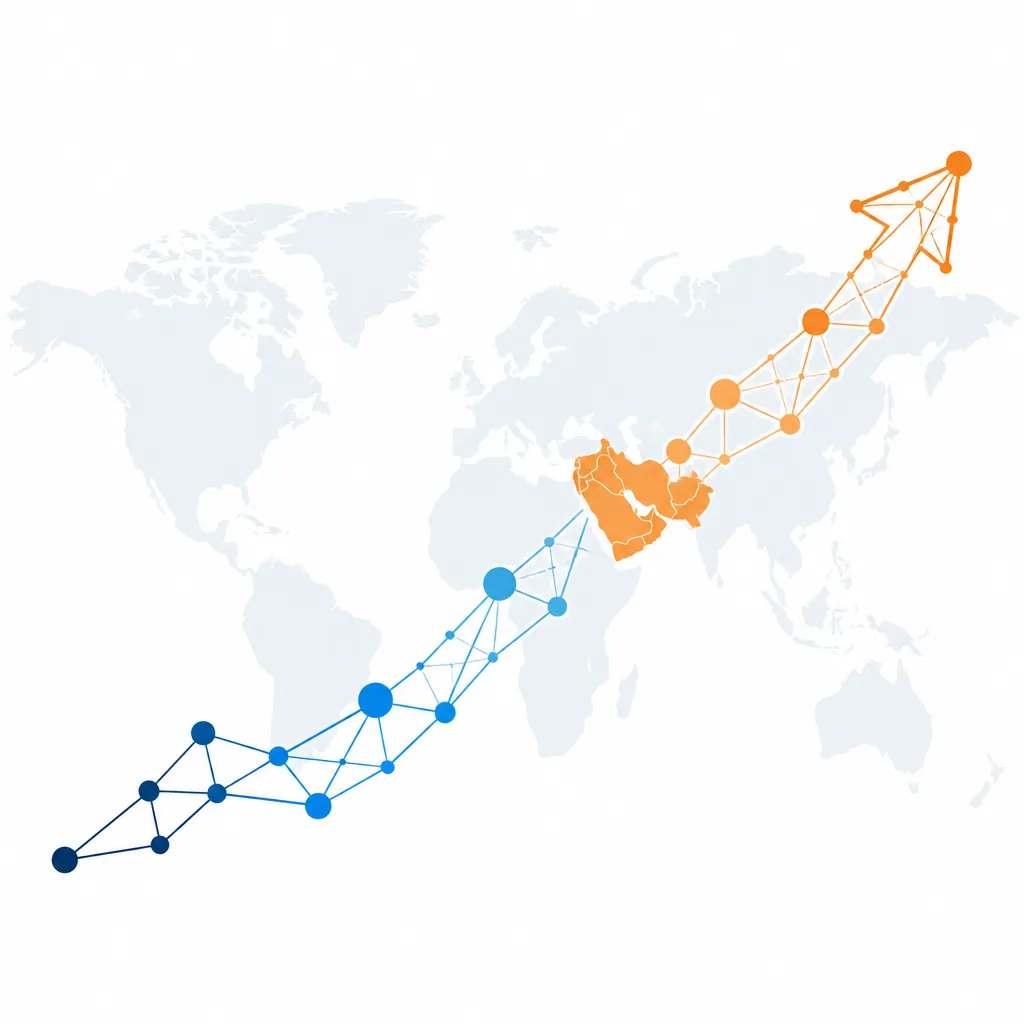 Abstract data visualization with upward trend arrow and world map highlighting the Middle East