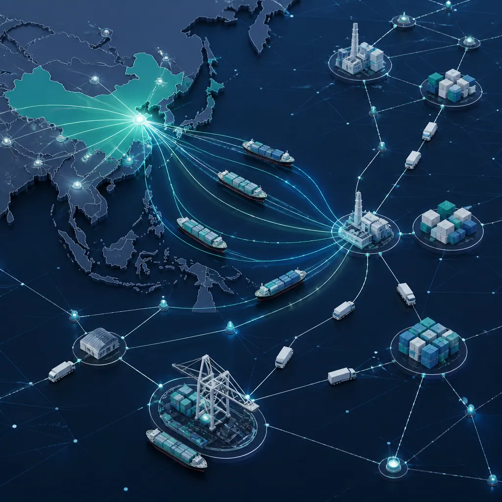 Supply chain network visualization showing wholesale vehicle import route from manufacturing to destination