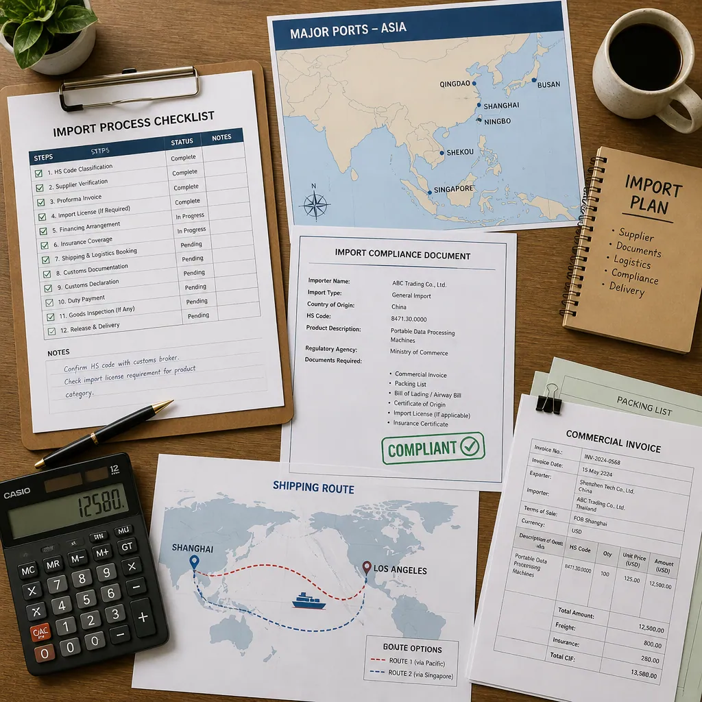 Flat lay of car import documentation and compliance materials