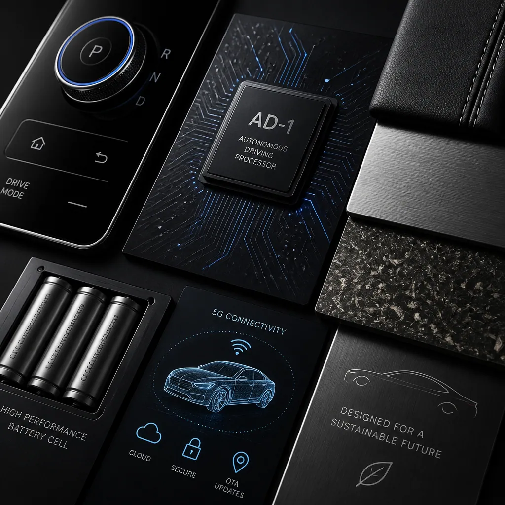 Abstract arrangement of luxury automotive technology components and premium materials representing advanced vehicle systems