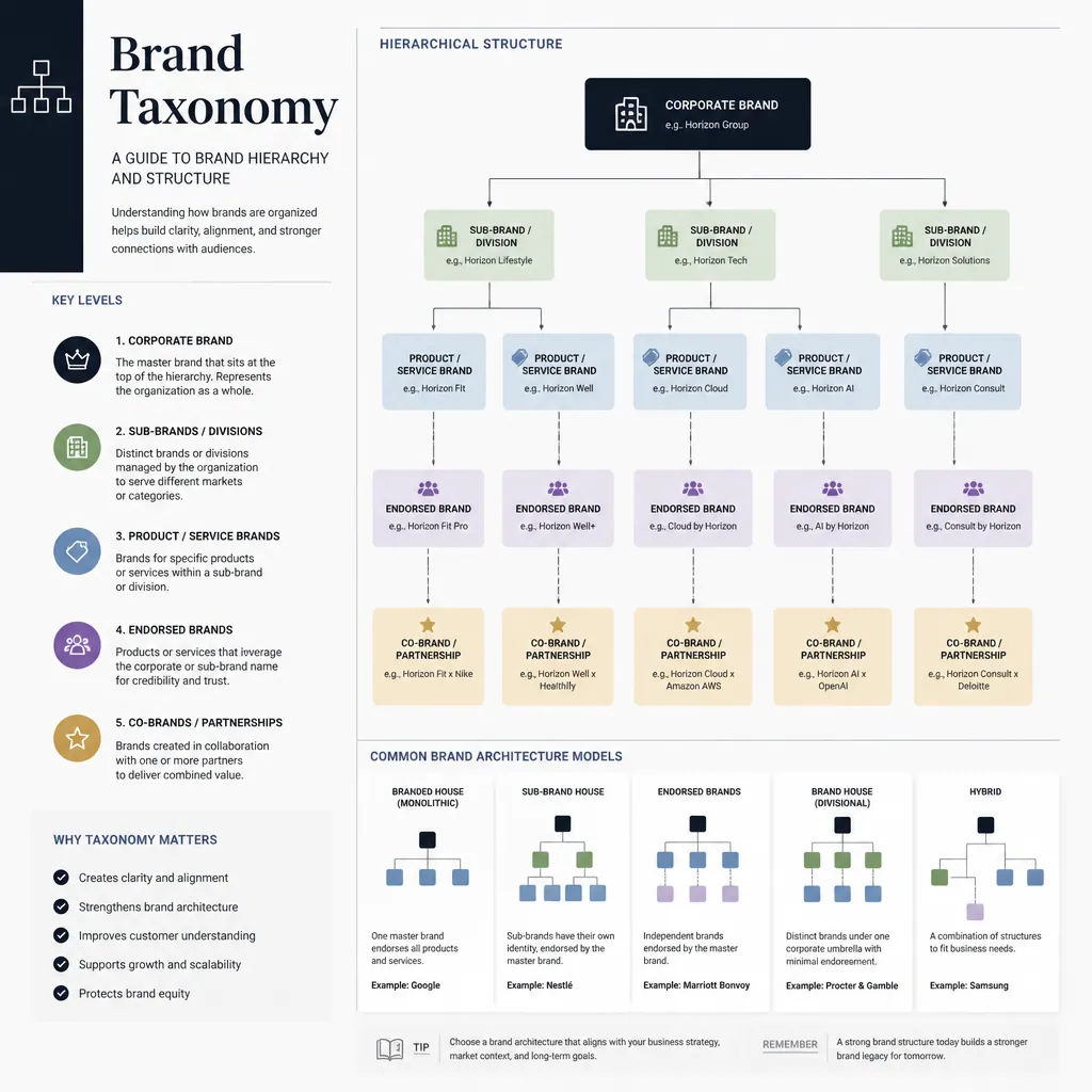 Structured brand taxonomy and reference guide layout showing organized information hierarchy