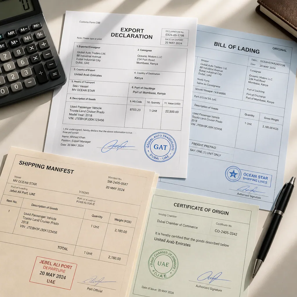 Export documentation and shipping papers arranged on a desk with stamps and seals