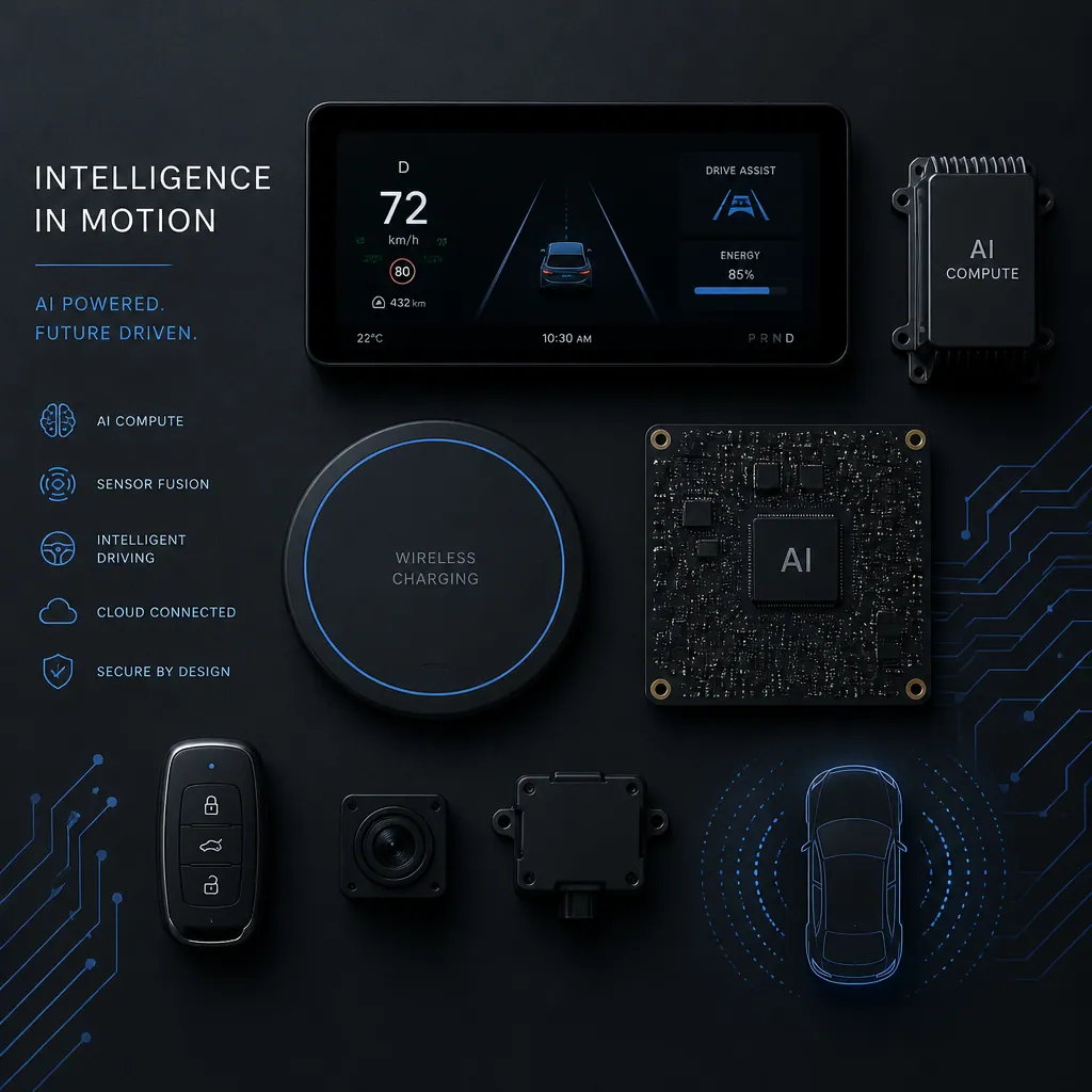 Abstract technology symbols representing vehicle AI and smart connectivity features