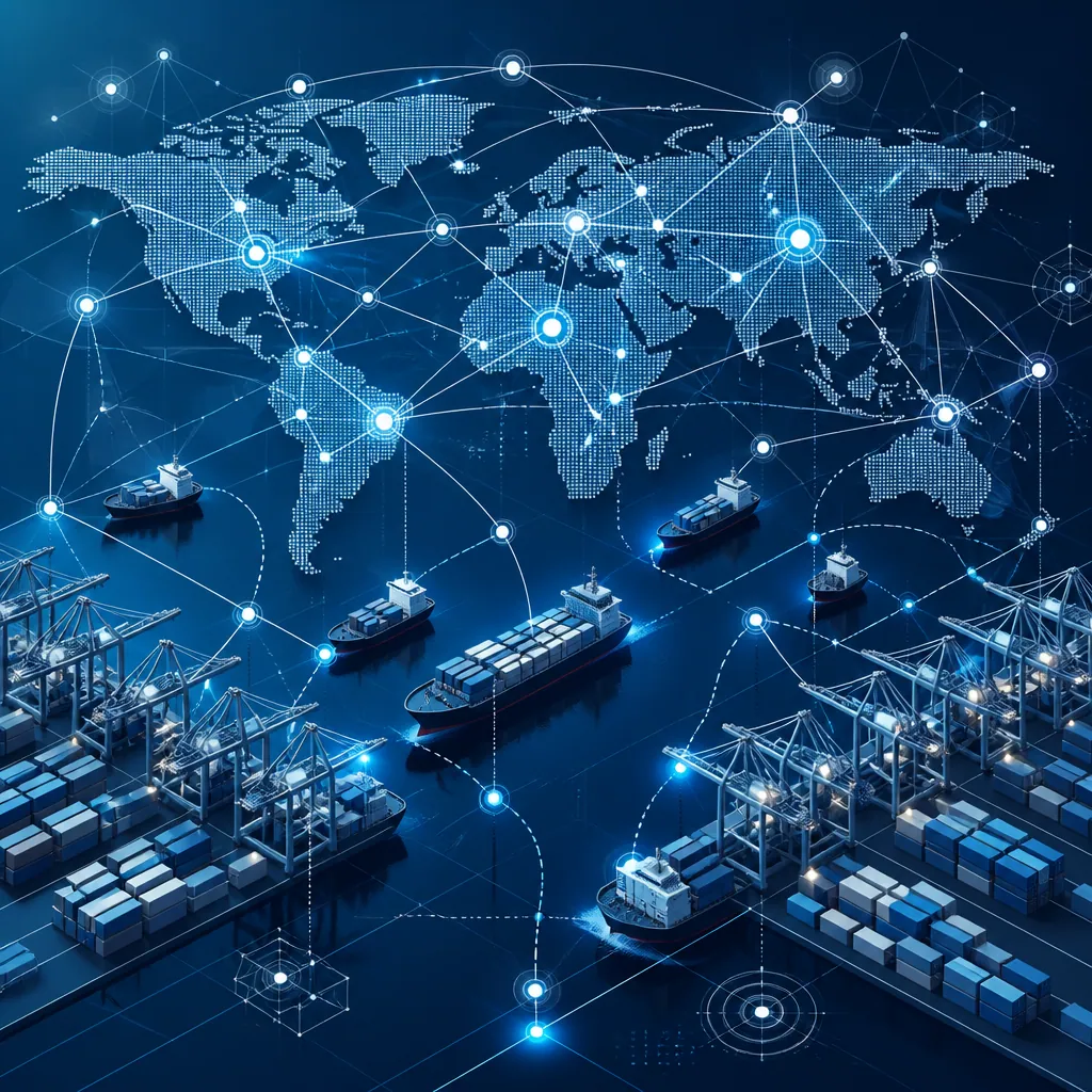 Supply chain network visualization depicting international vehicle export and logistics connections