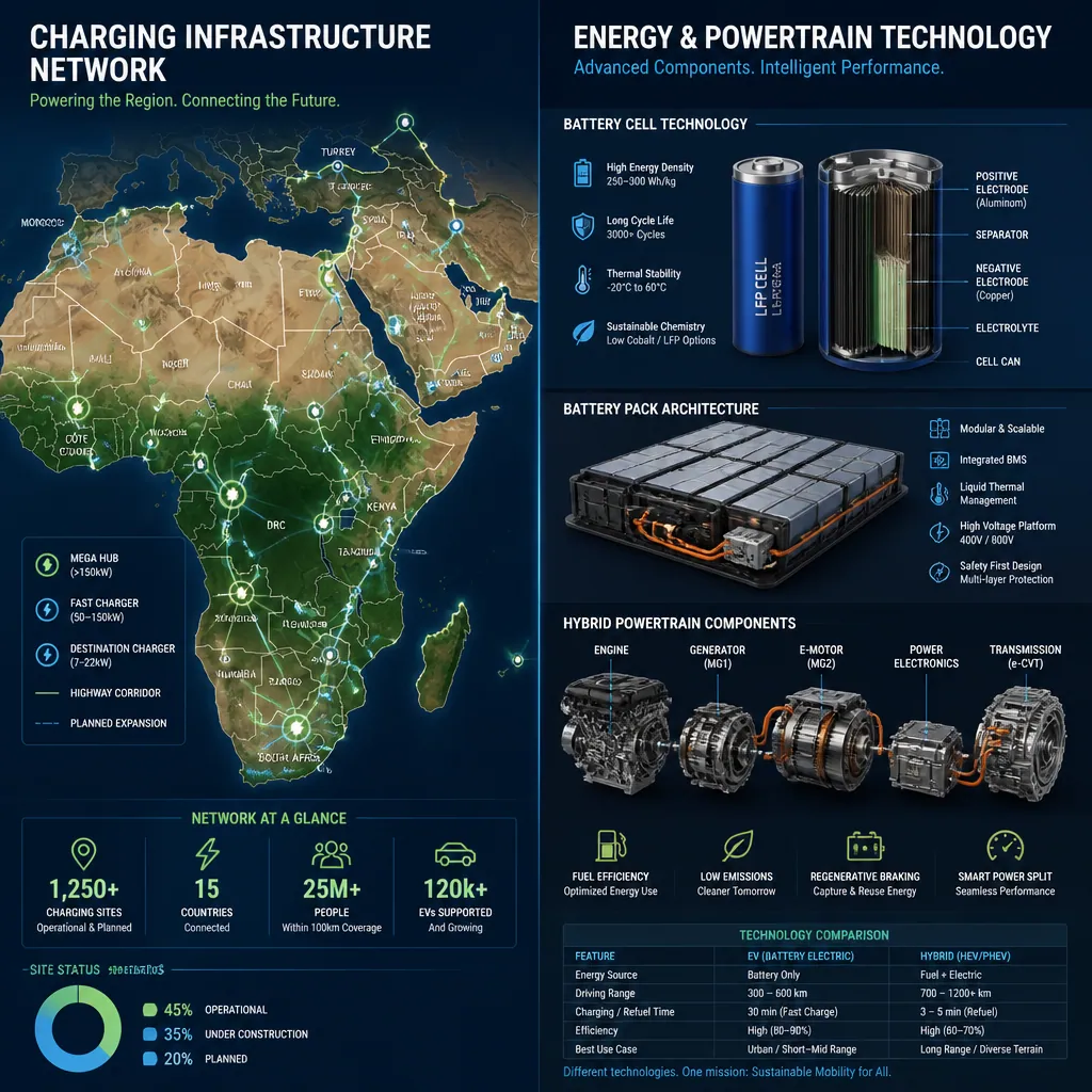 Technical visualization comparing EV charging infrastructure and hybrid powertrain systems across global markets