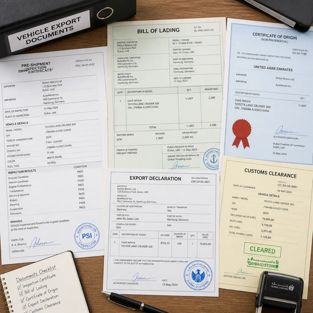 Organized export documents and vehicle compliance paperwork on a professional desk