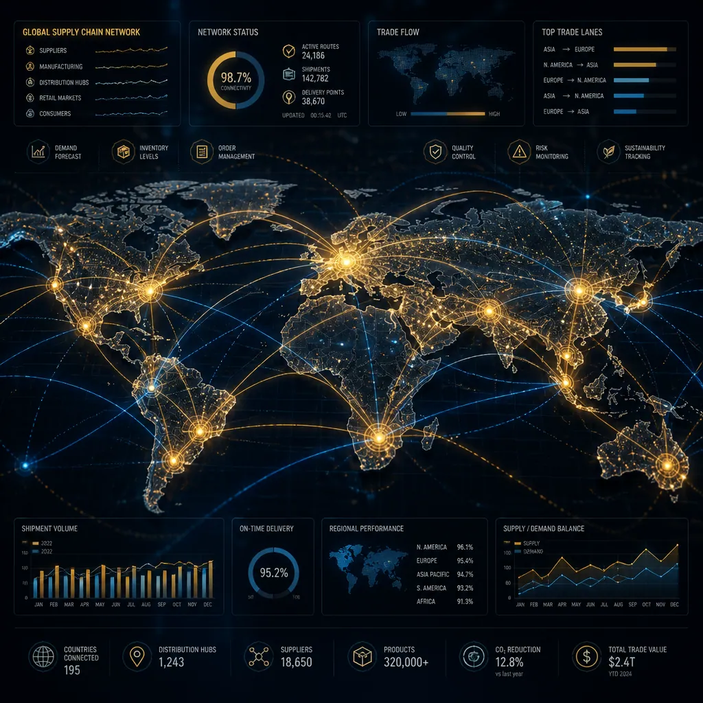Abstract global supply chain network visualization with interconnected distribution hubs