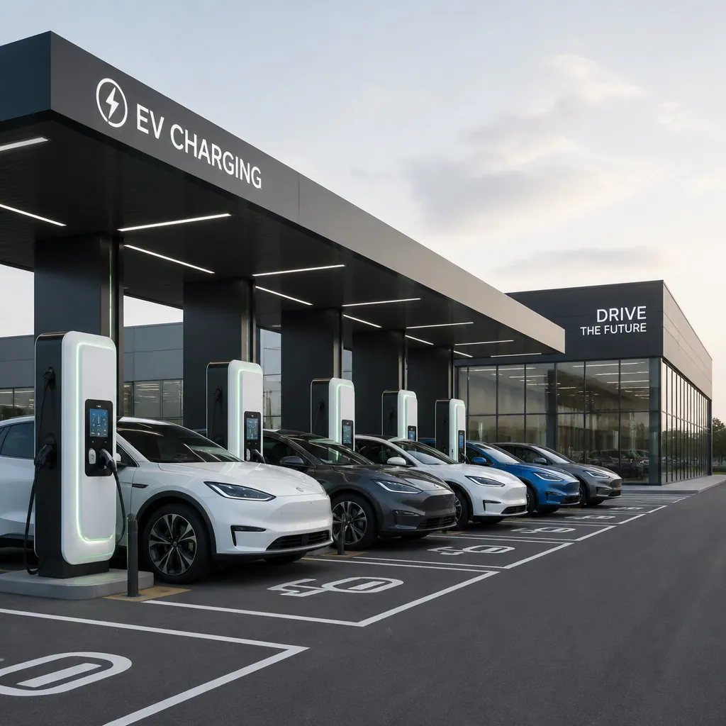 Electric vehicles at a dealership lot with charging infrastructure