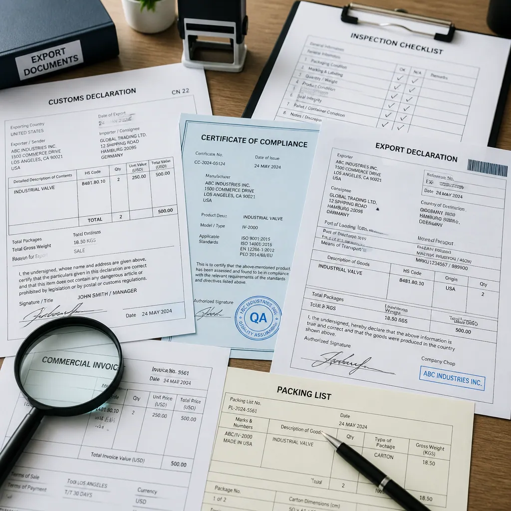 Detailed view of import export documentation and compliance certificates on a desk
