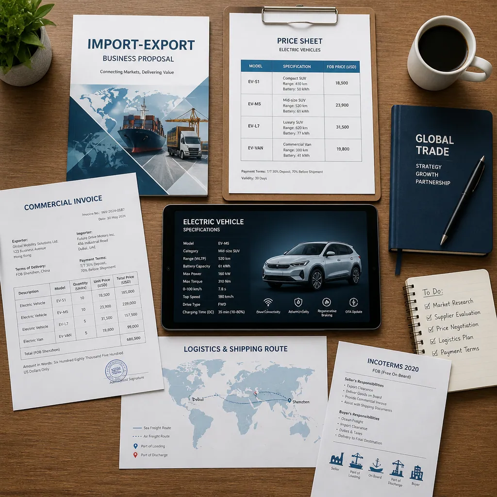 Import export business documents and logistics planning materials on a workspace