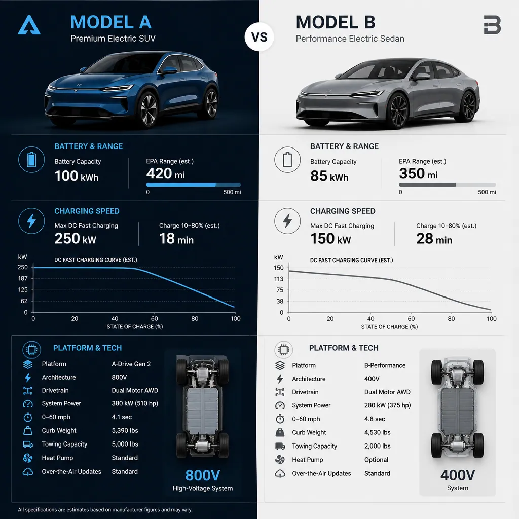 Technical comparison infographic displaying electric vehicle charging capabilities and platform specifications
