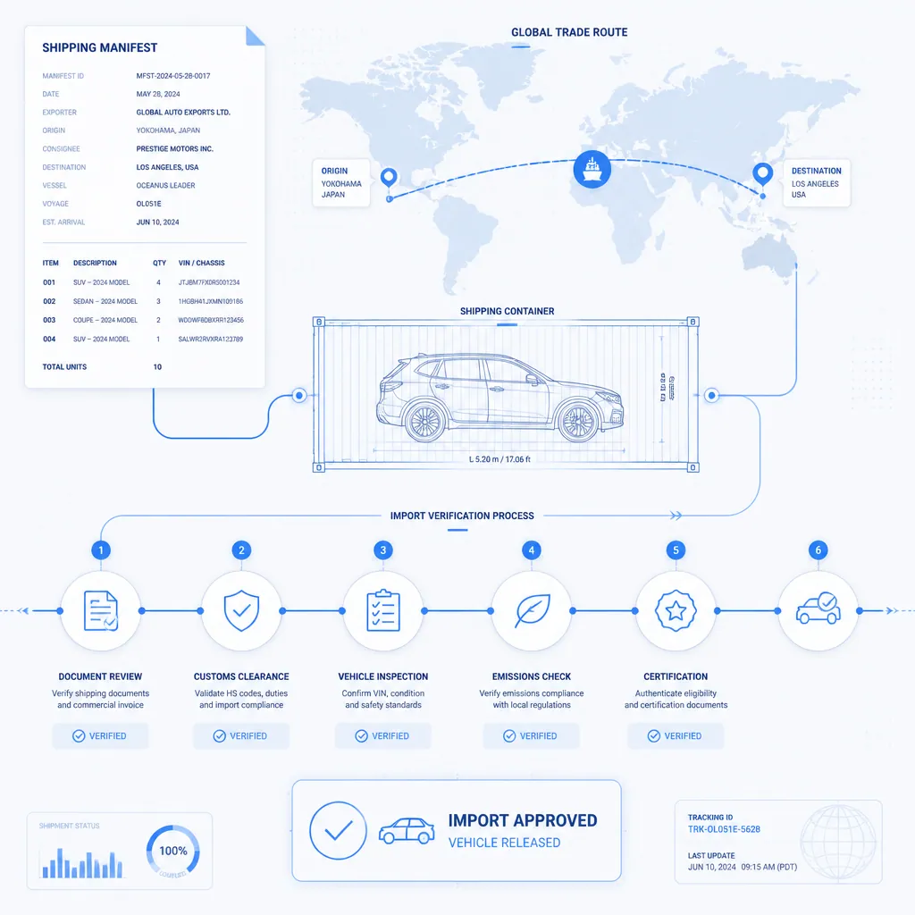 Shipping and trade documentation elements representing vehicle import verification workflow