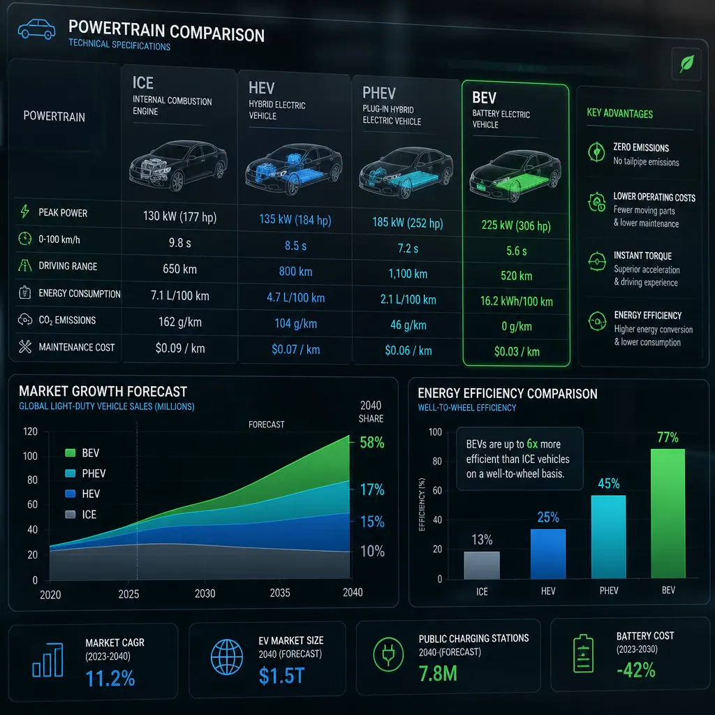 Digital data visualization showing vehicle powertrain specifications and market growth metrics