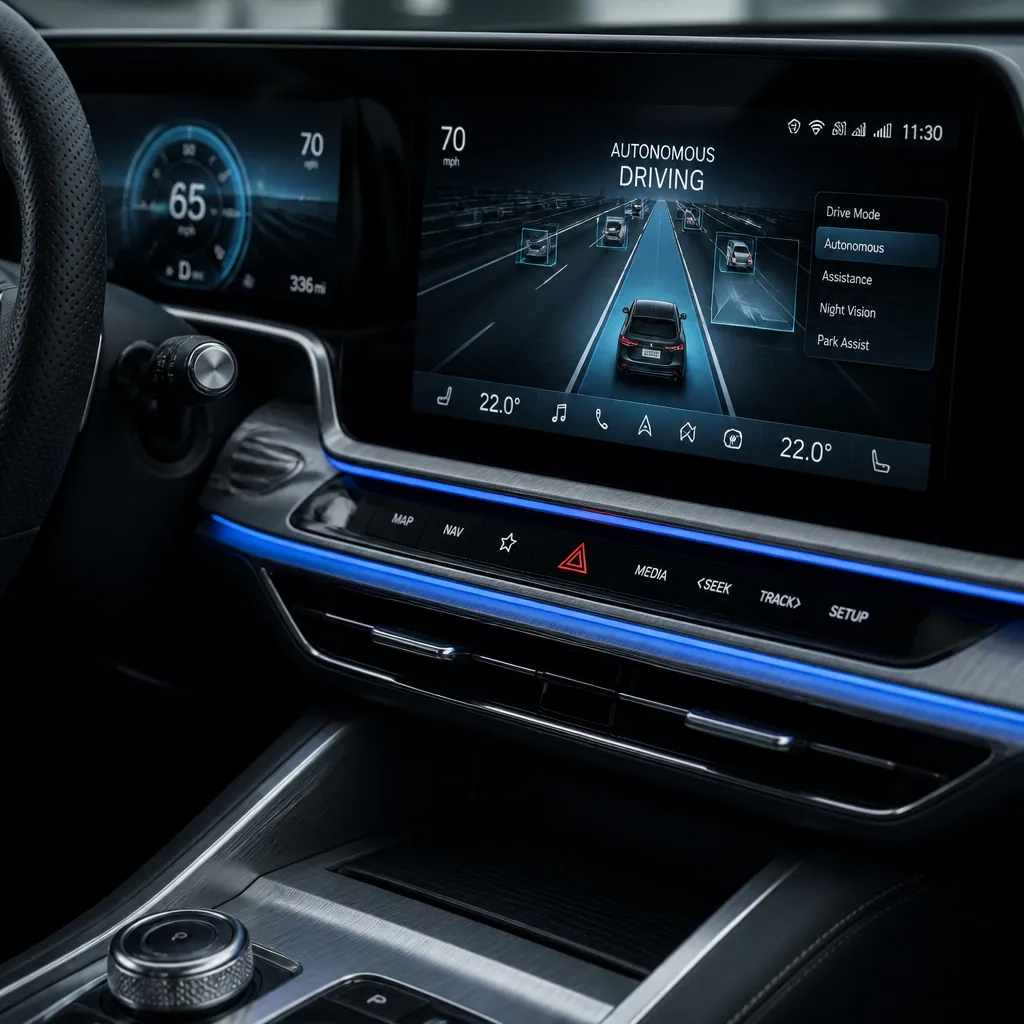Interior view of an advanced vehicle dashboard featuring premium technology and autonomous driving interface