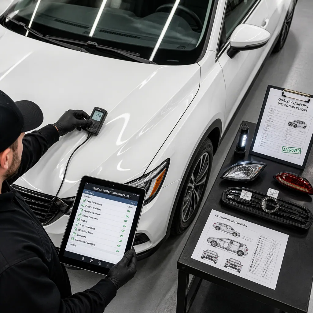 Vehicle exterior inspection with diagnostic equipment and documentation