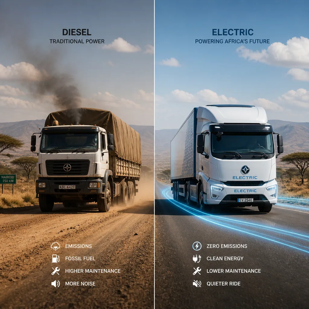 Split screen comparison of diesel versus electric commercial trucks on African road landscape