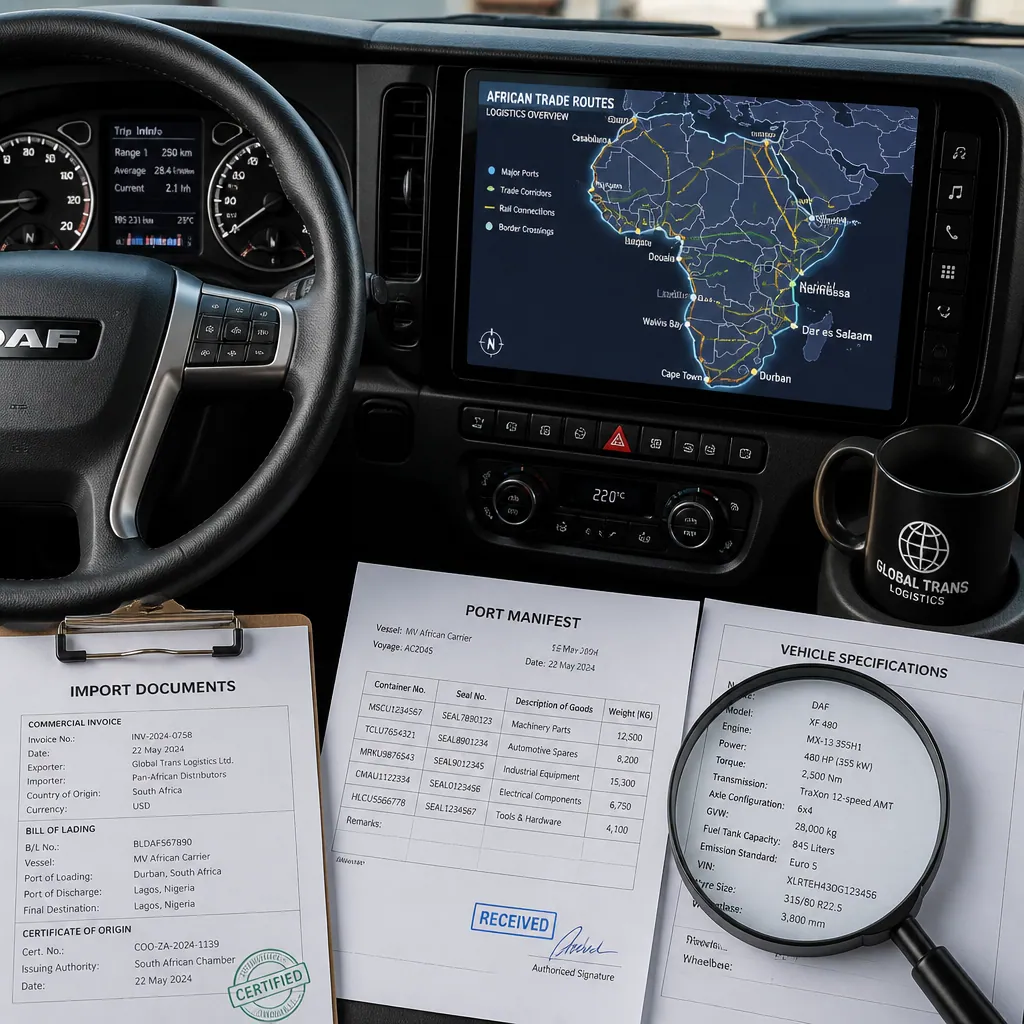 Close up of truck dashboard with logistics map and import documentation materials