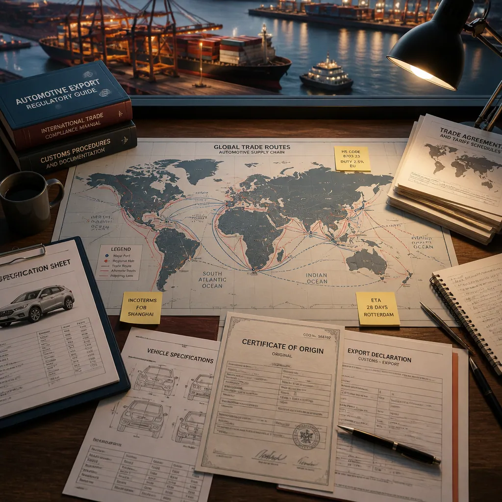 Global trade route and export documentation layout representing international armored vehicle logistics