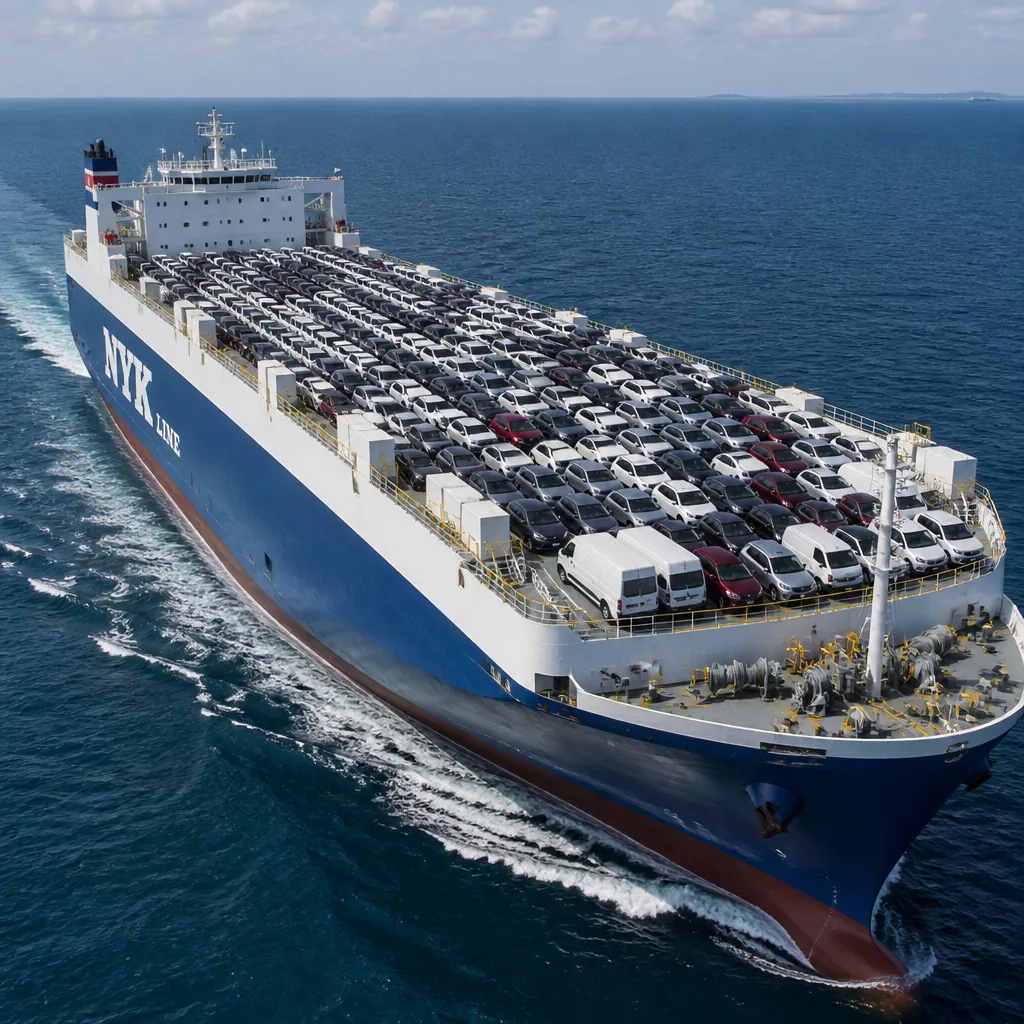 Ocean cargo ship transporting new vehicles across international waters