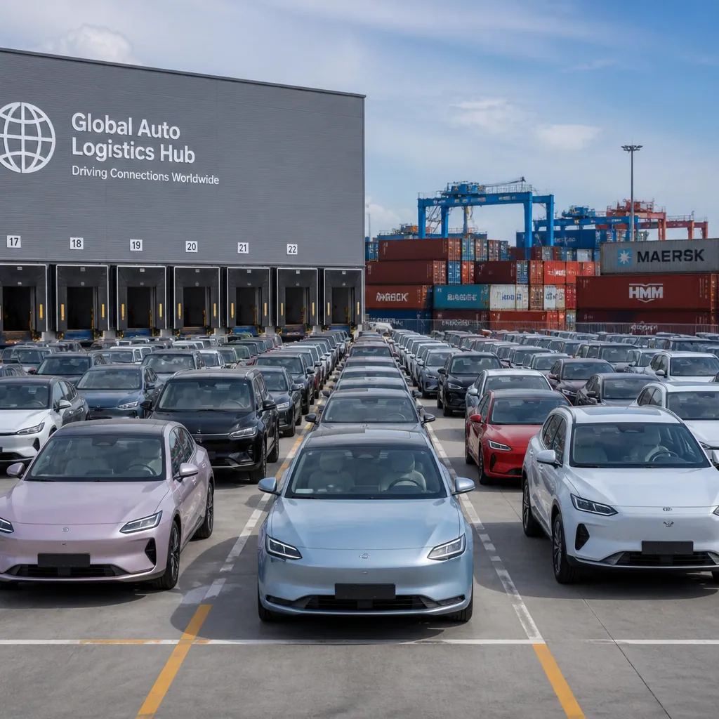 Multiple Chinese EV models arranged in a fleet distribution center