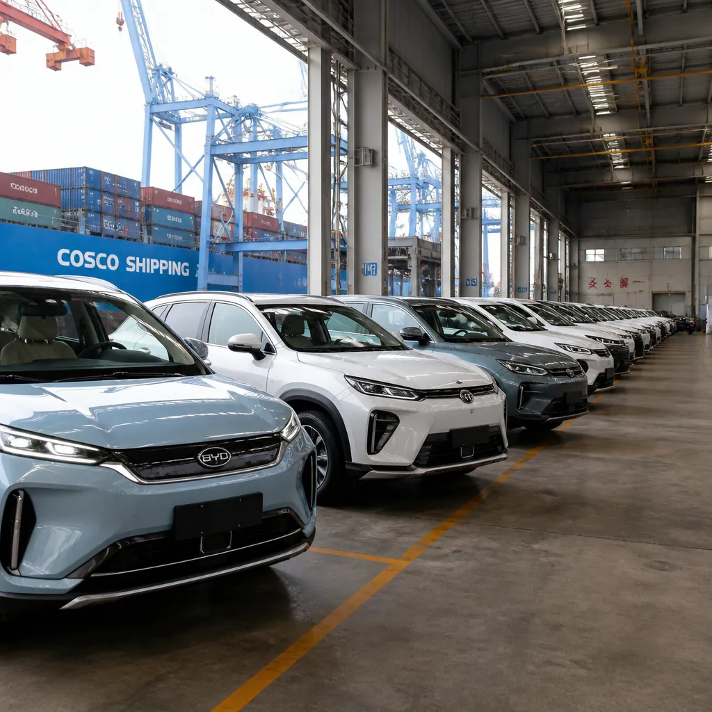 New vehicles from China arranged in port facility warehouse ready for international export