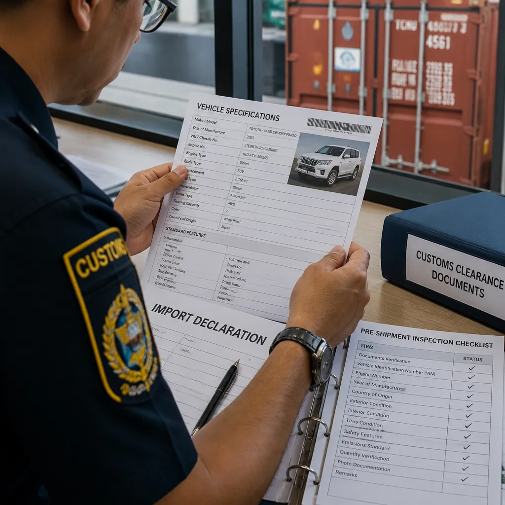 Customs agent reviewing vehicle export documentation and inspection records at a logistics office