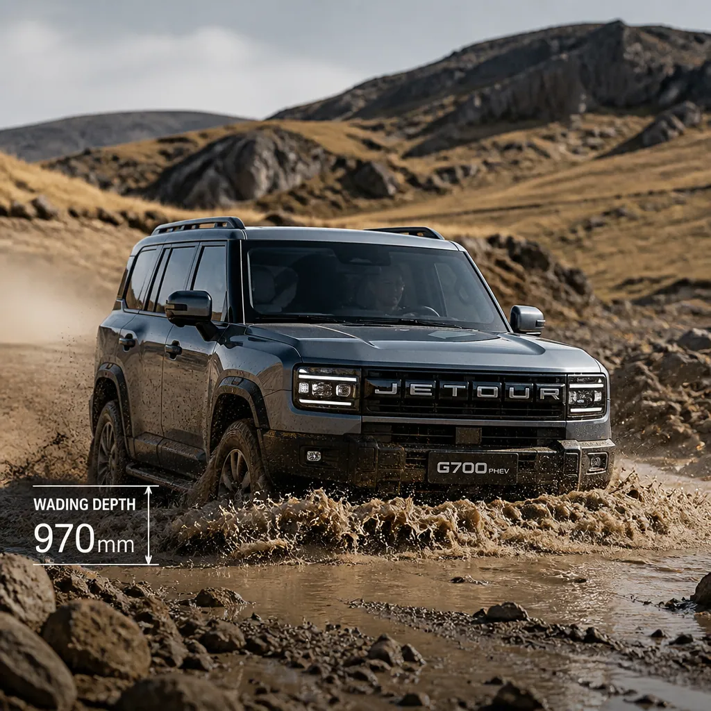 Jetour G700 SUV traversing challenging off road terrain and muddy conditions