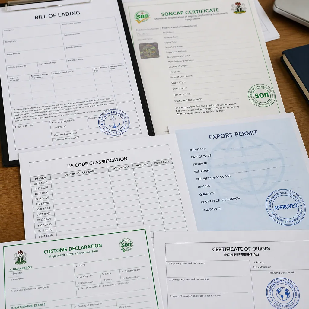 Export vehicle documents including SONCAP certificates and customs paperwork