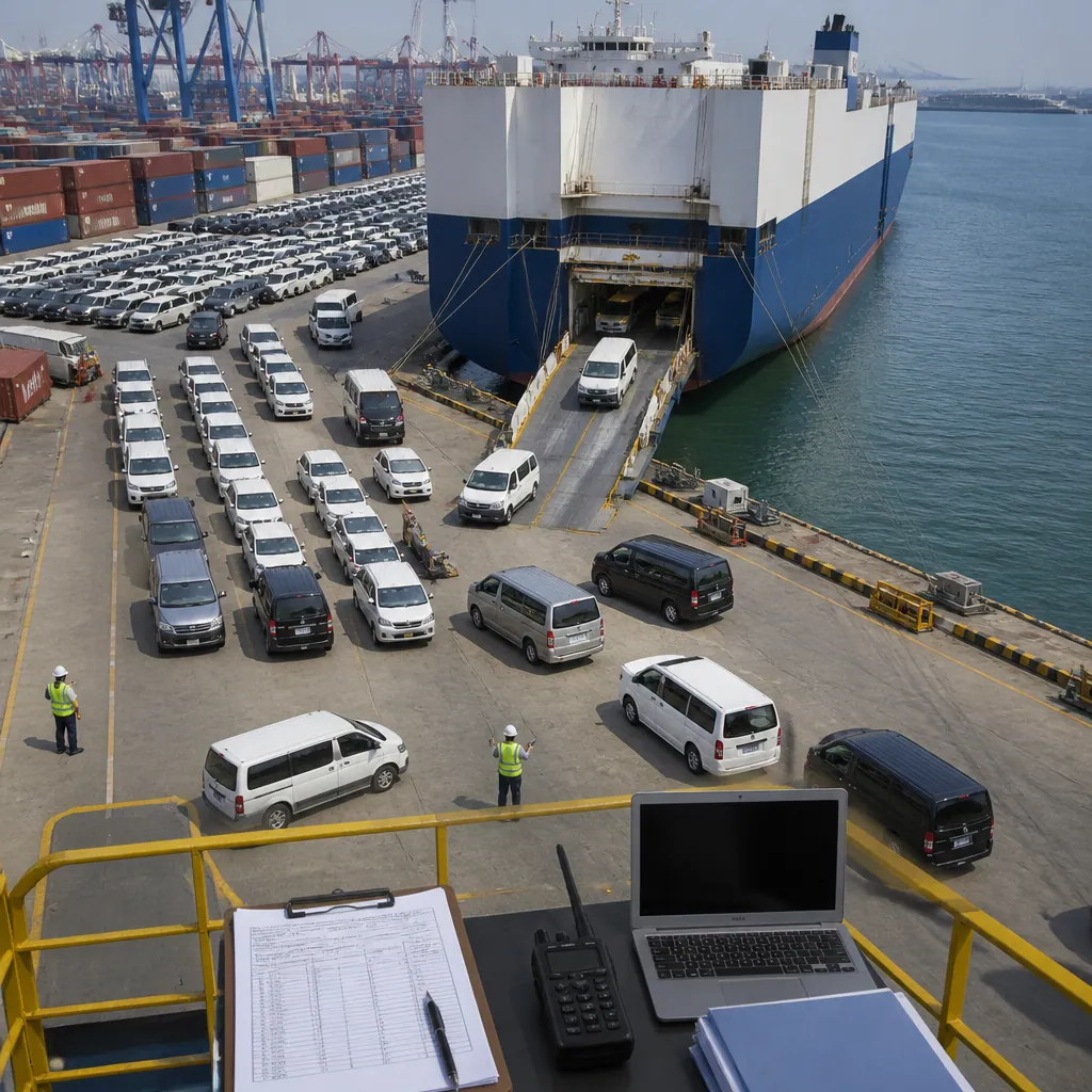 Cargo ship loading bay with vehicles and containers prepared for international fleet vehicle export
