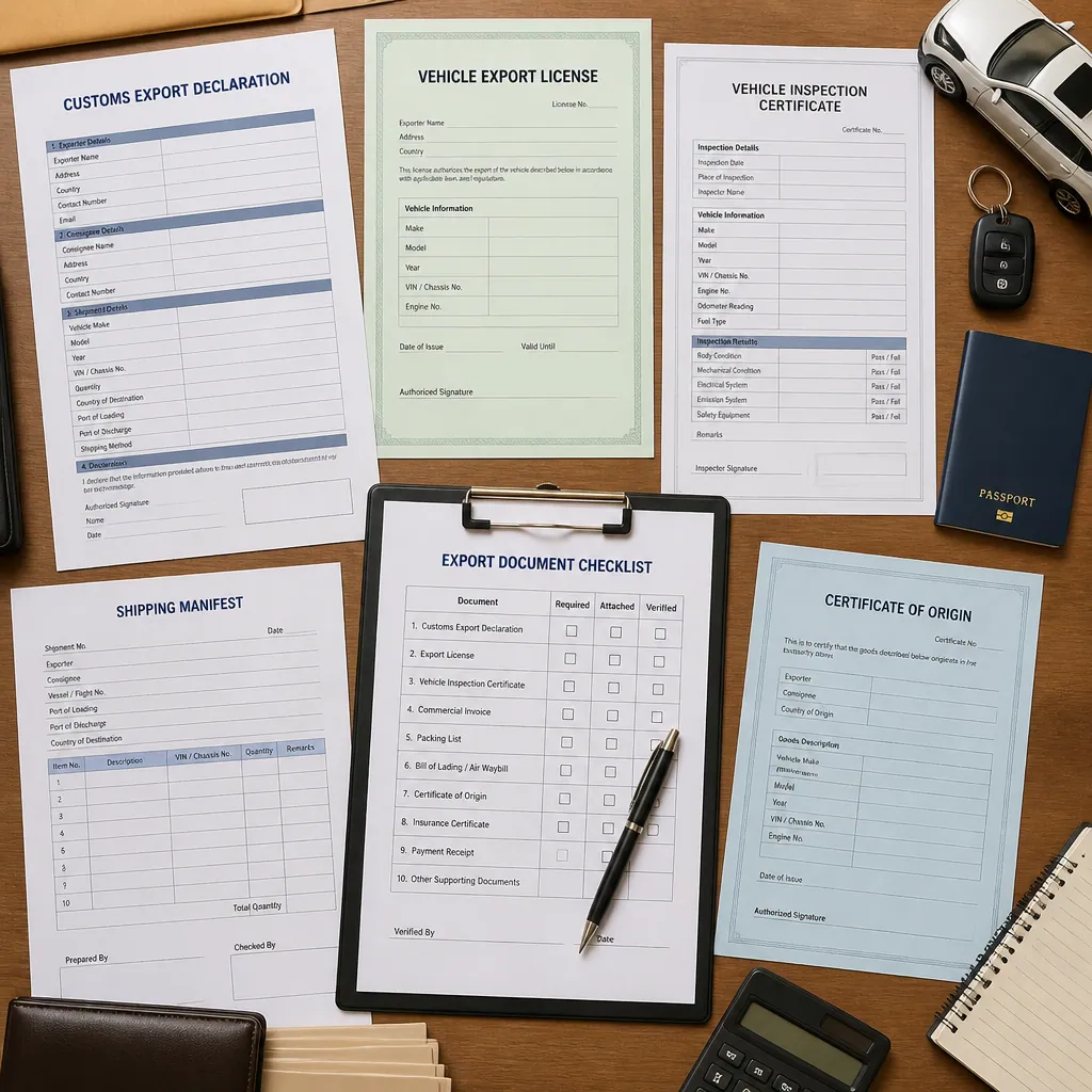 Export documentation, licenses, and inspection certificates arranged on a desk representing exporter credentials