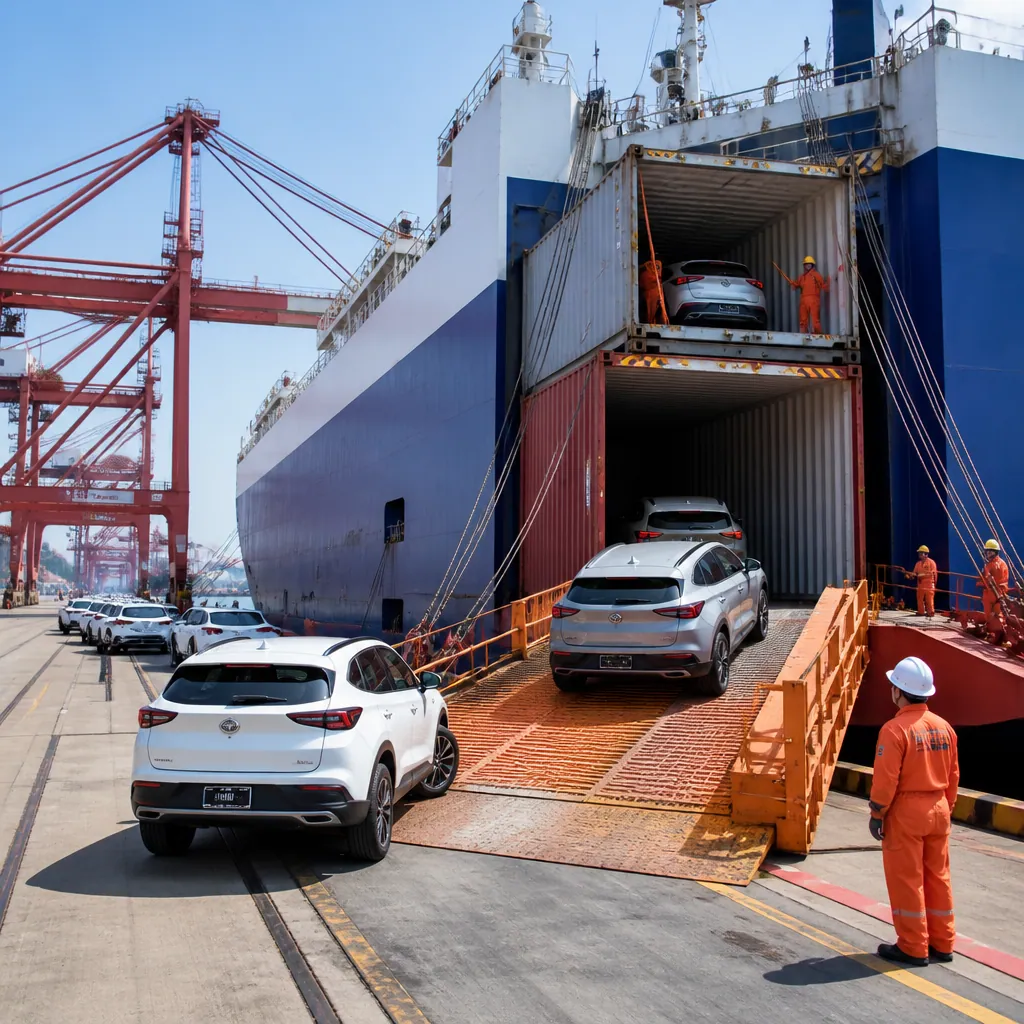 Vehicles being loaded into shipping containers at a Chinese port for international export
