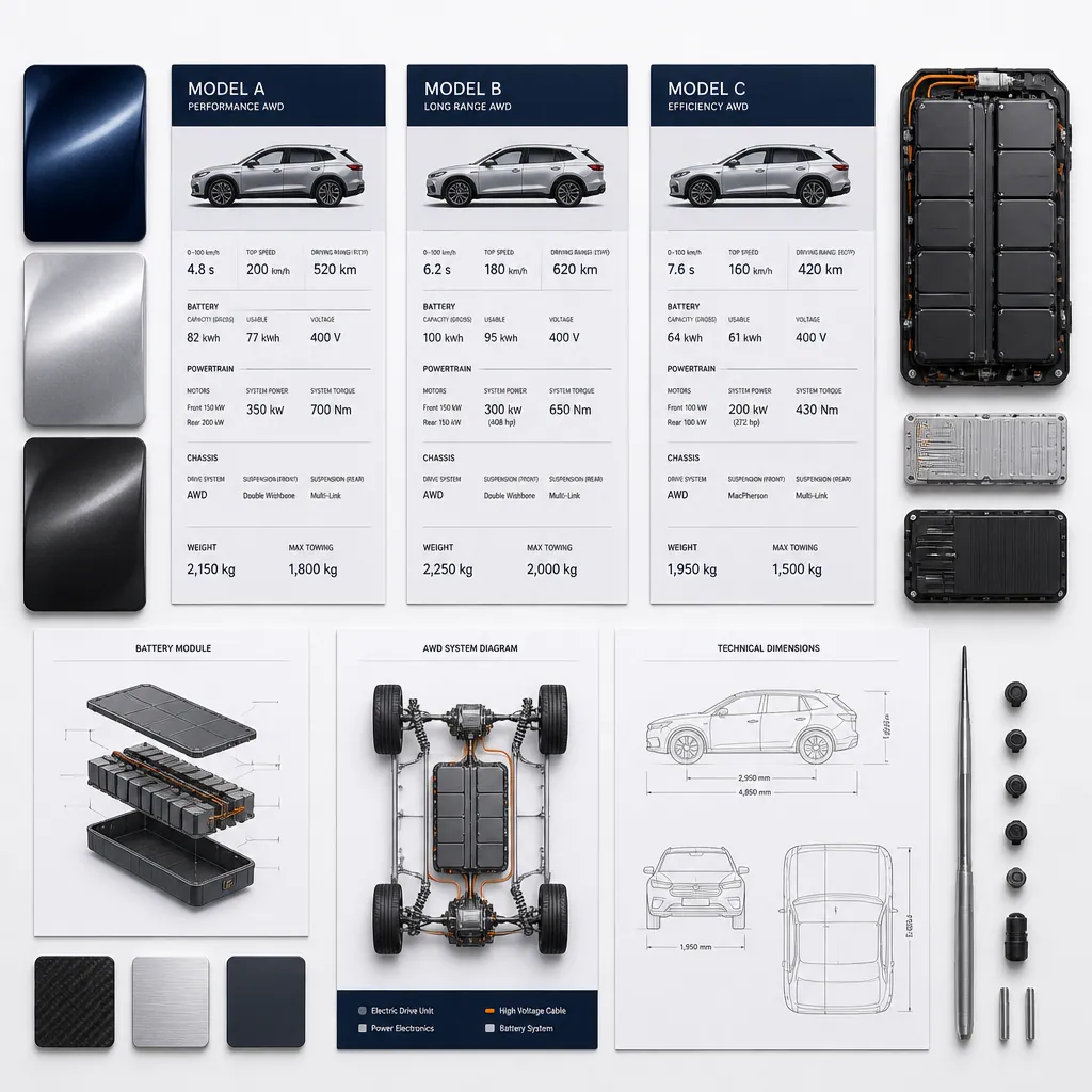 Technical specification comparison layout for three Chinese EV models with performance and battery data