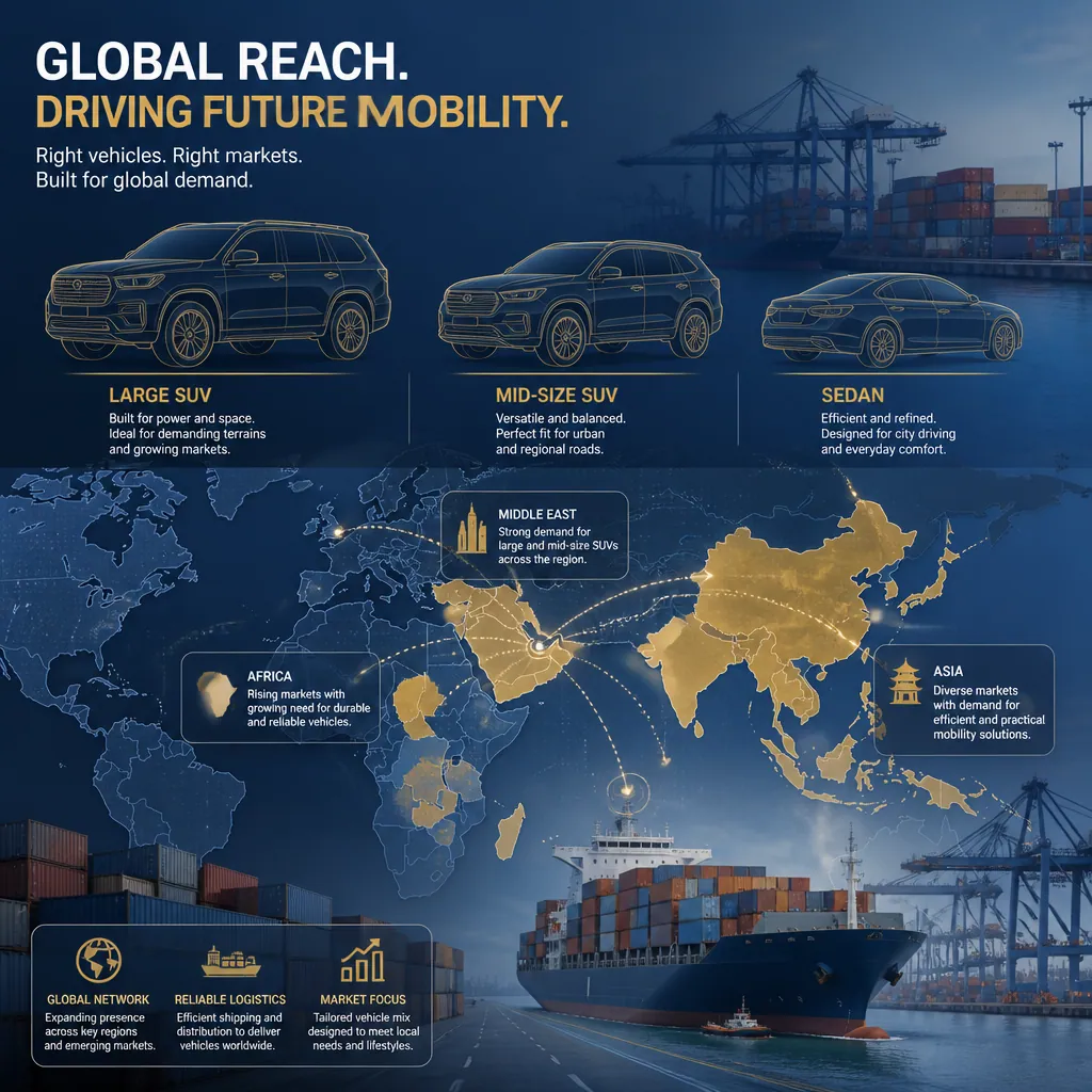 Global export market visualization showing three vehicle types positioned for different international regions