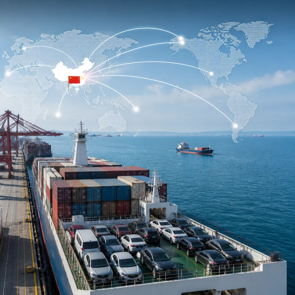A cargo vessel at port loaded with shipping containers representing international vehicle export from China