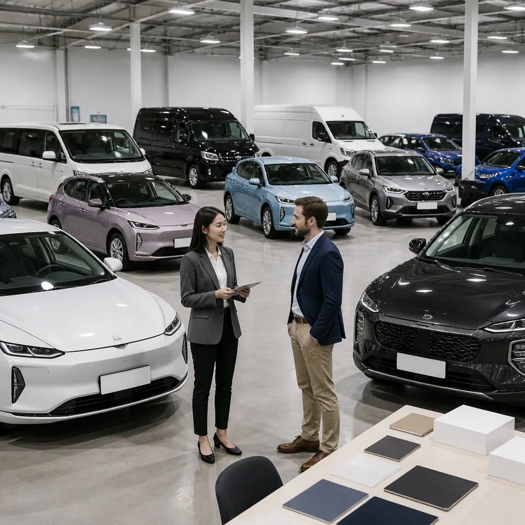 A diverse range of new vehicles including EVs, SUVs, sedans, and commercial vans displayed in a professional dealer showroom