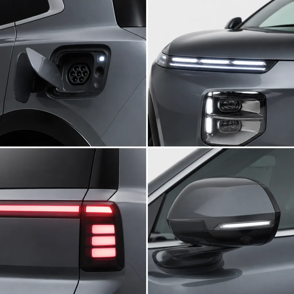 Detail shot of EREV SUV charging port and premium exterior design elements