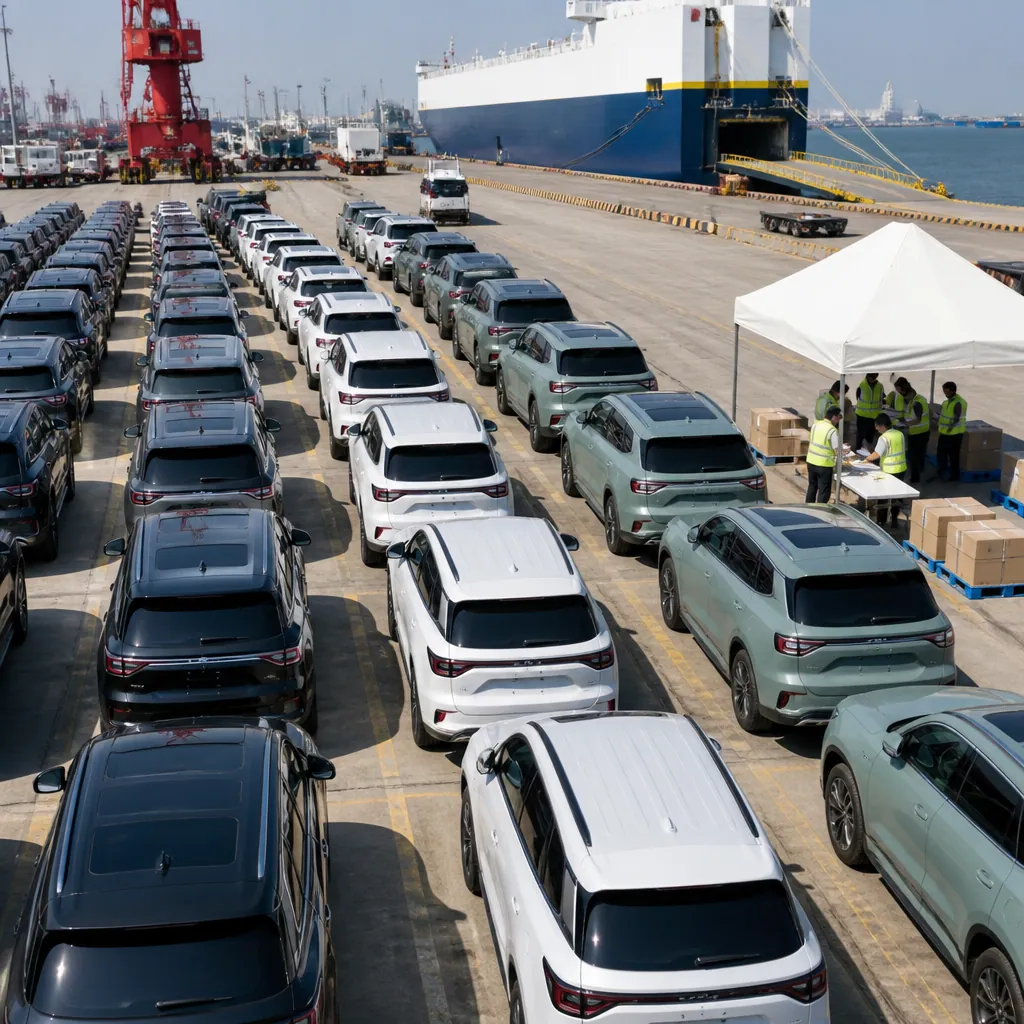 Fleet of new EREV SUVs arranged in export yard facility for international distribution