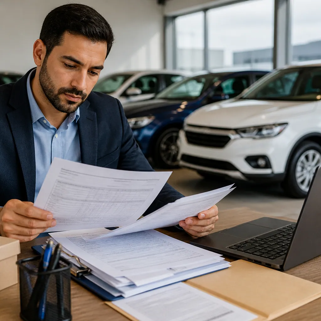 A close up of vehicle export documents with cars in a dealer's office setting.