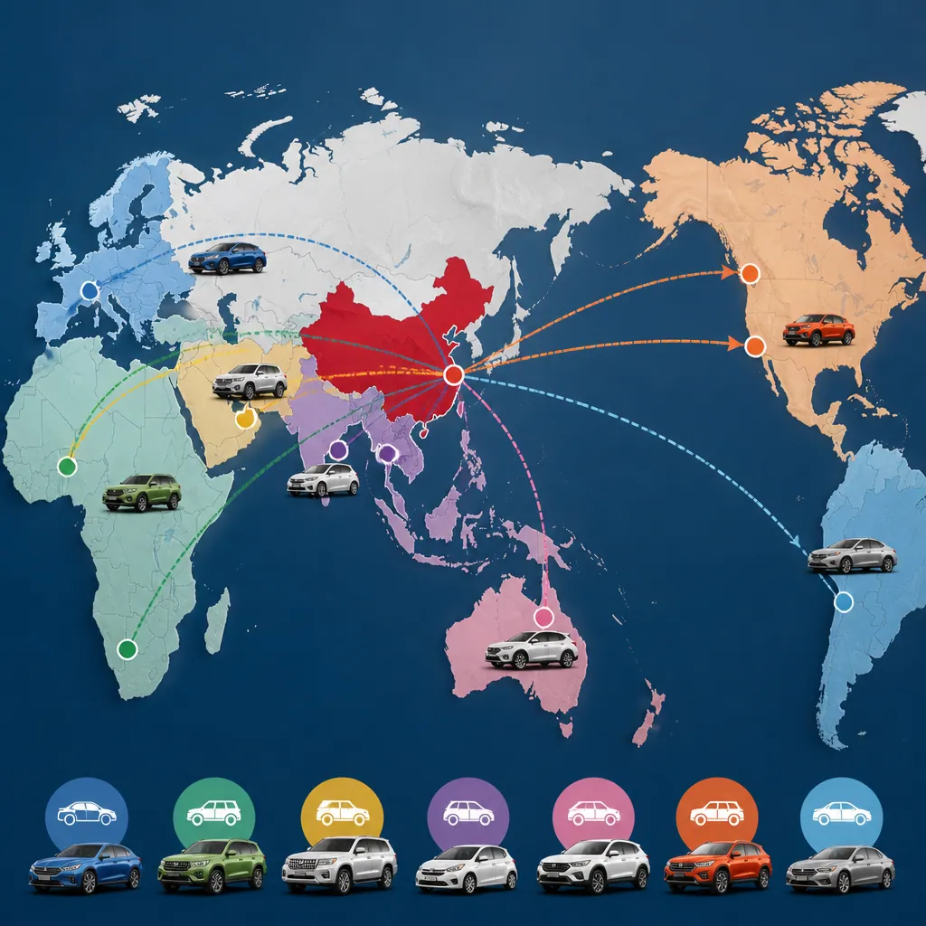 A world map showing international trade routes for Chinese vehicle exports.