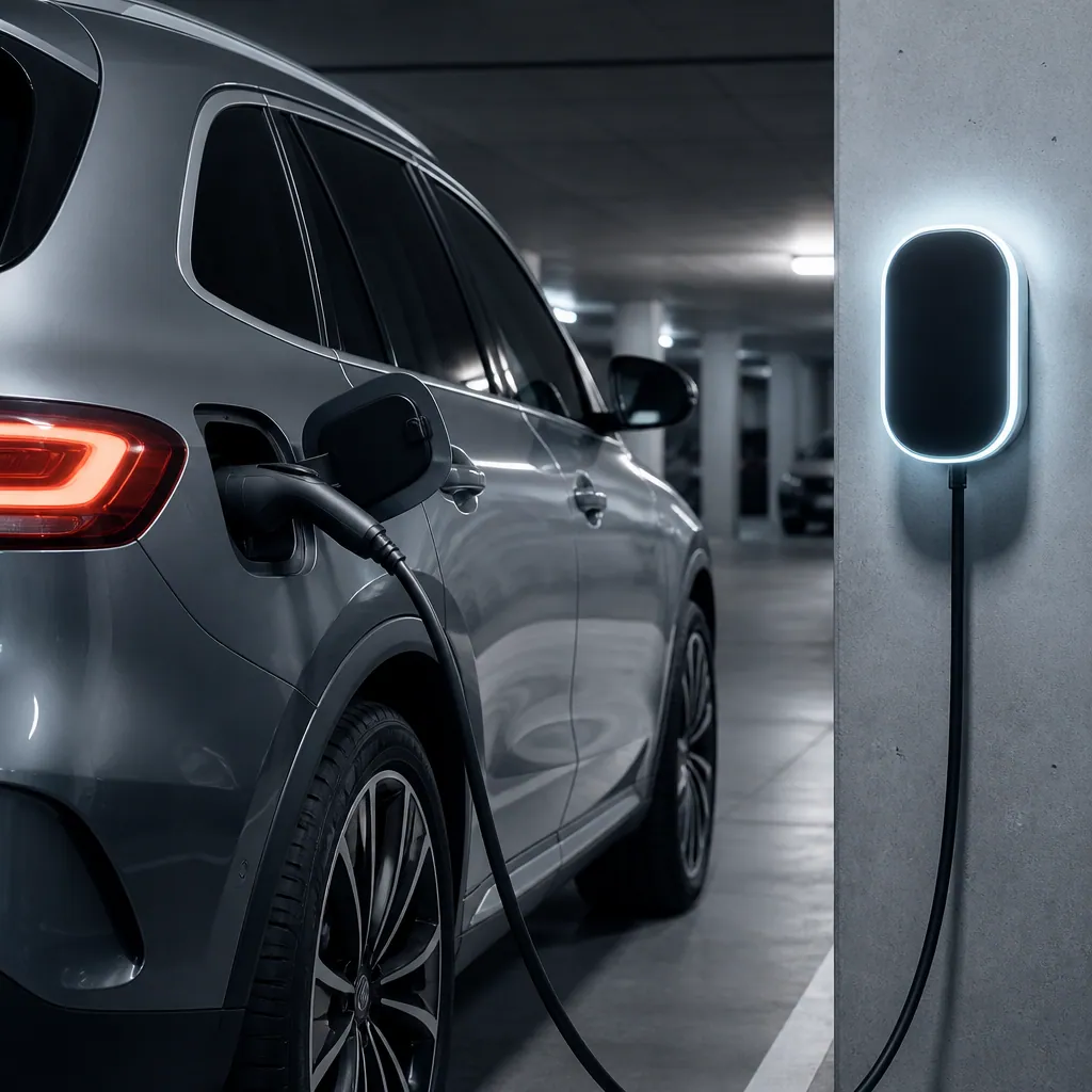 Charging cable connected to a luxury plug in hybrid SUV, showing the battery led charging side of the car.