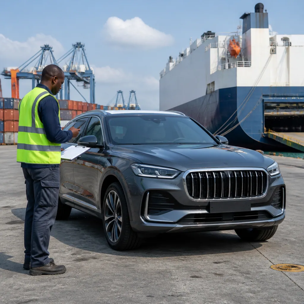 Inspector checking a new luxury SUV at an export terminal before international shipping.