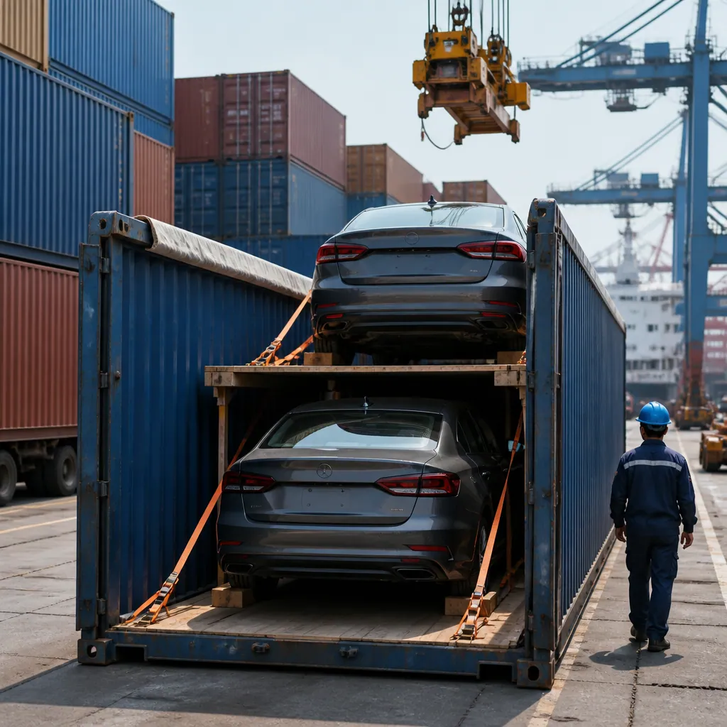 New cars being secured inside a container for vehicle sea freight from China
