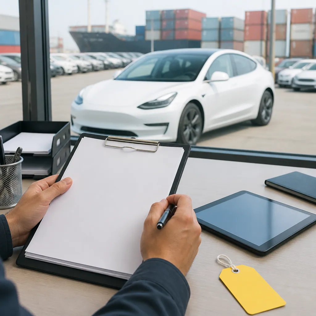 Export paperwork and vehicle inspection checklist beside a new car at a port yard
